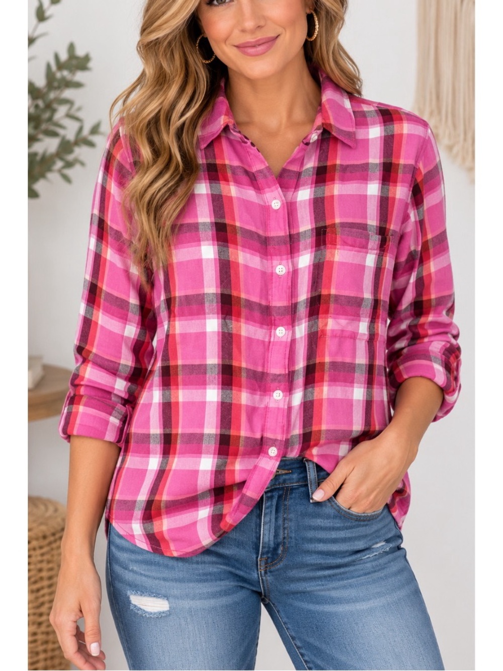 SO pink plaid button-up shirt featuring a vibrant plaid pattern in pink